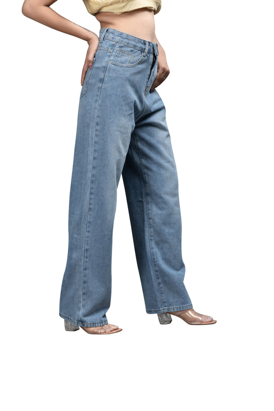High-Waisted Wide-Leg Baggy Jeans for Women - Light Blue Denim