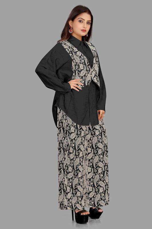 Digital Block Print 3-Piece Co-ord Set - Shirt, Vest & Palazzo Pants