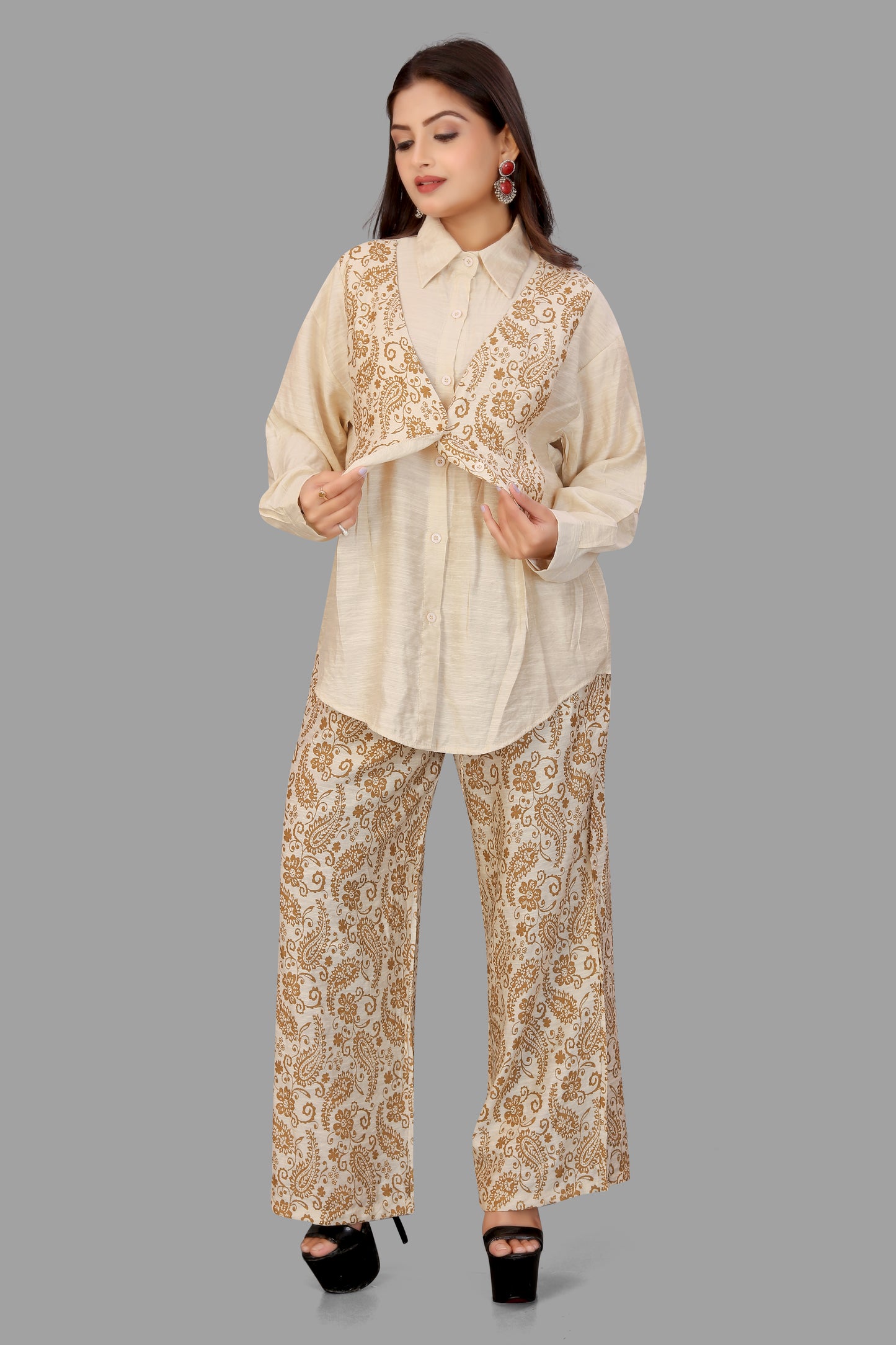 Digital Block Print 3-Piece Co-ord Set - Shirt, Vest & Palazzo Pants