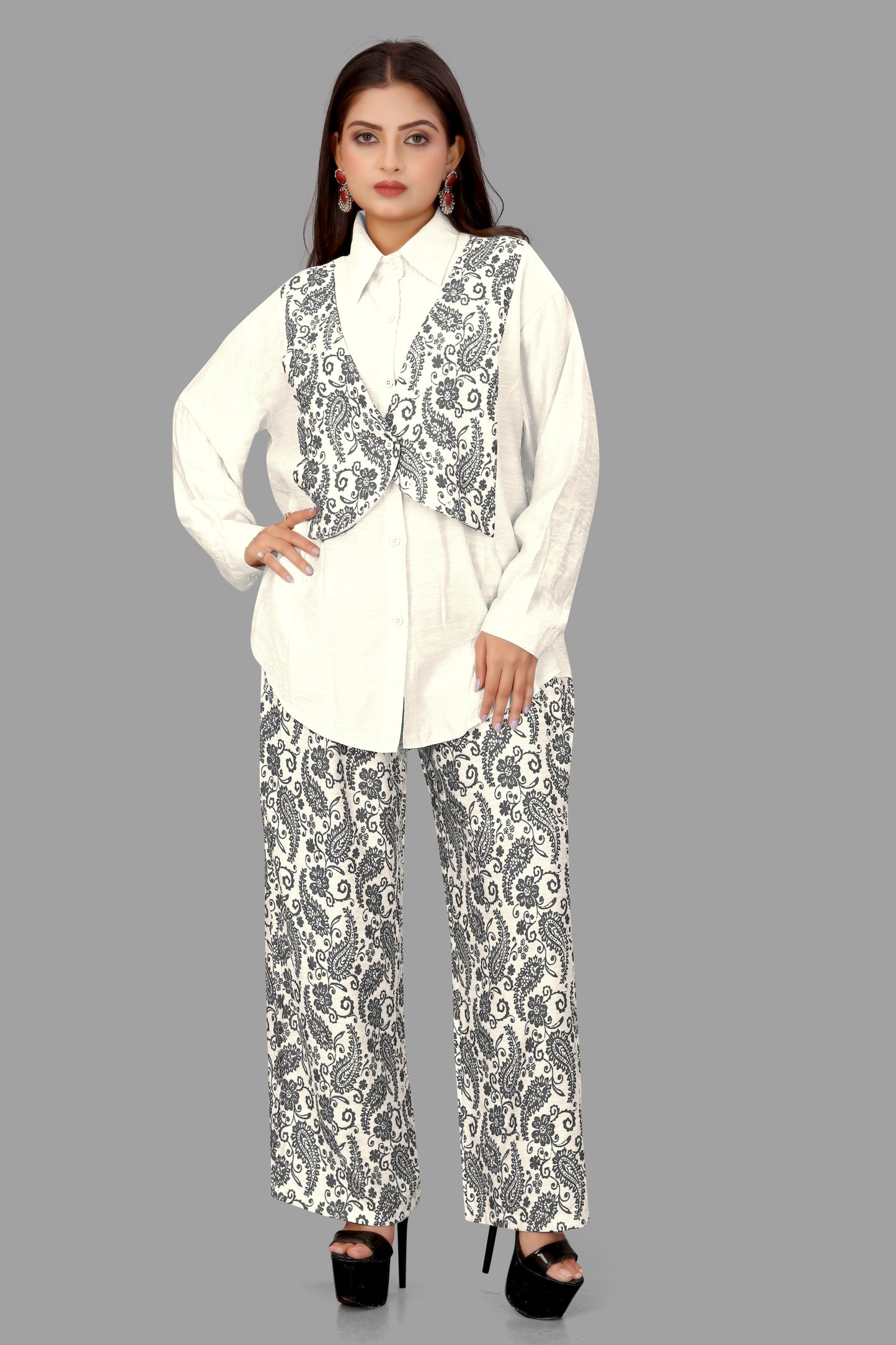 Digital Block Print 3-Piece Co-ord Set - Shirt, Vest & Palazzo Pants