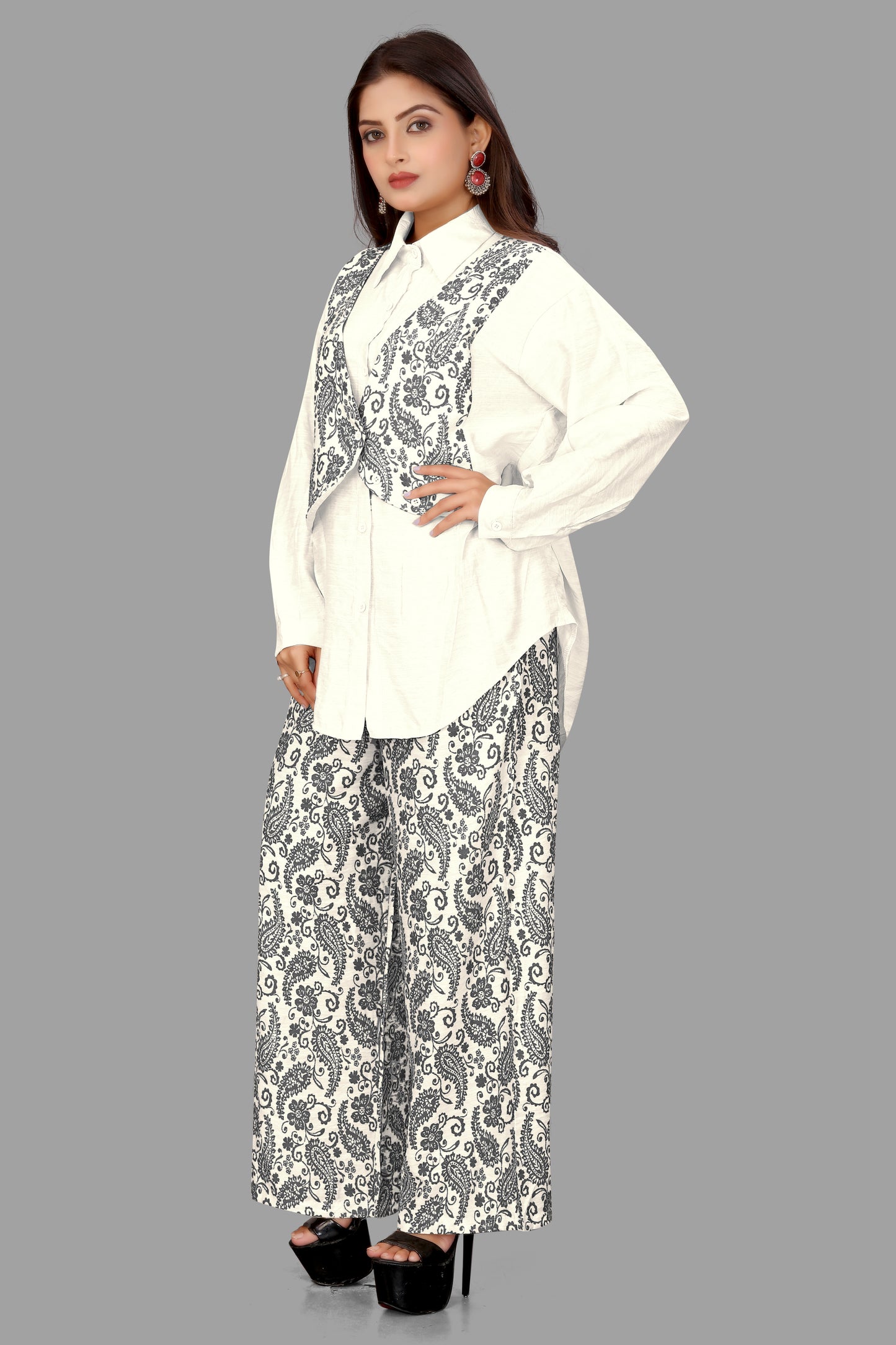 Digital Block Print 3-Piece Co-ord Set - Shirt, Vest & Palazzo Pants
