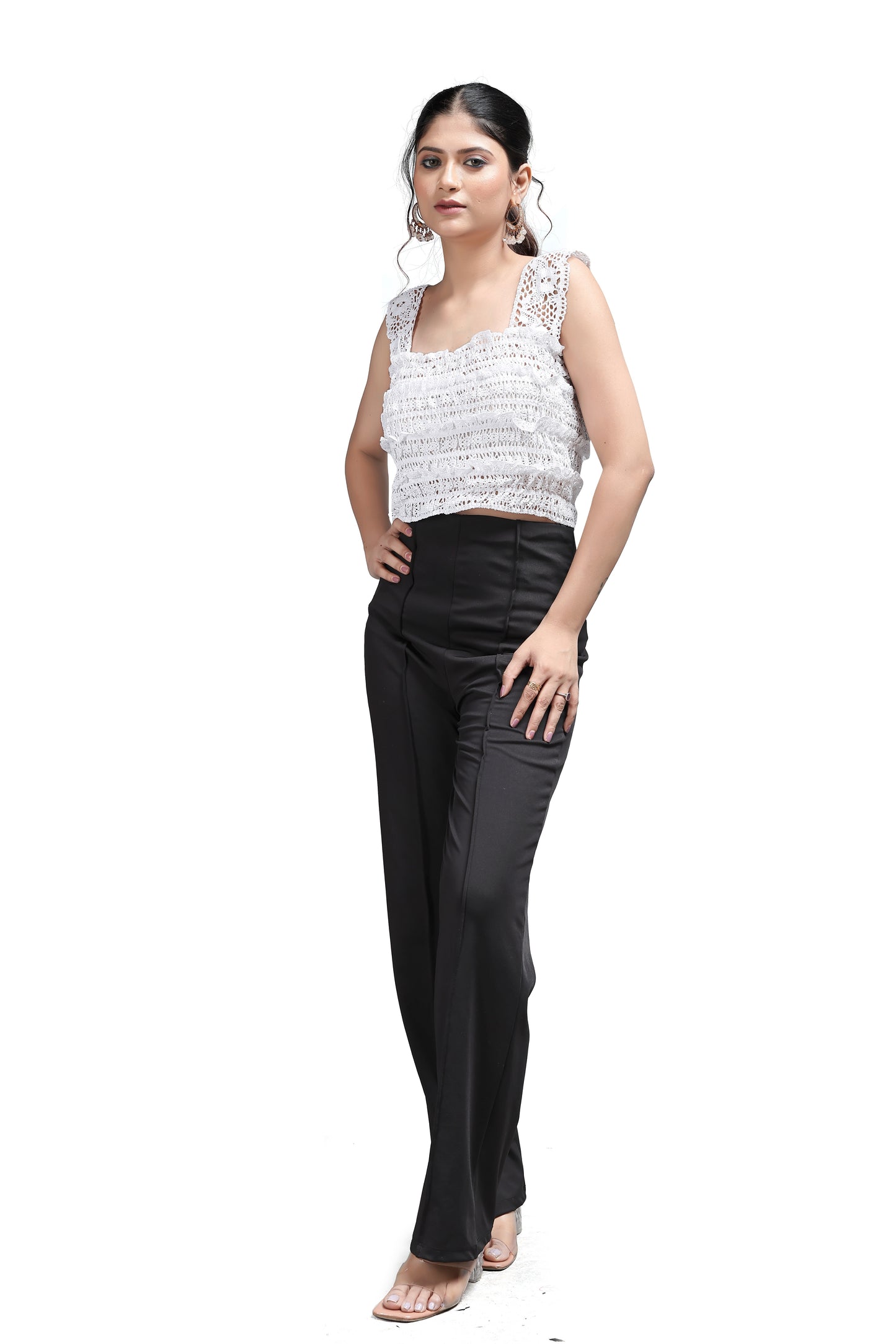 Women's White Crochet Knit Crop Top with Scalloped Neckline