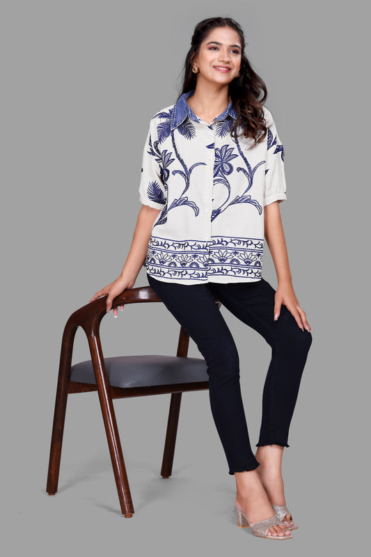 Women's Printed Oversized Shirt with Denim Collar