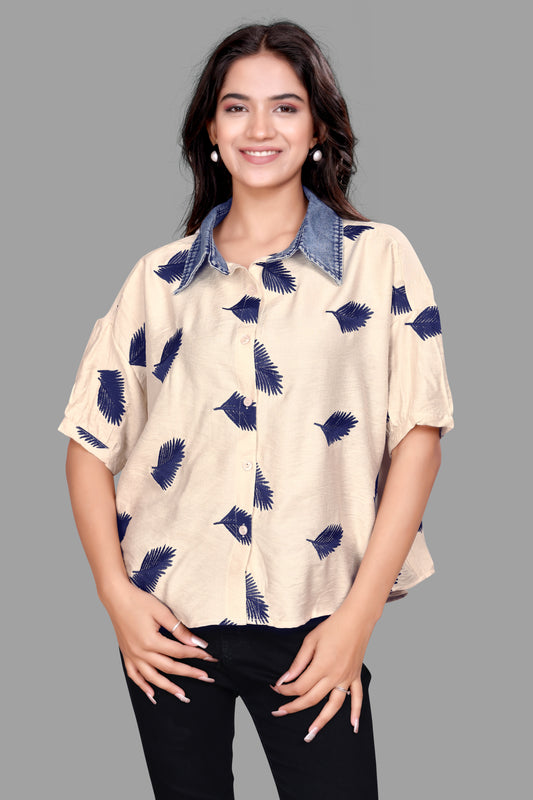 Women's Denim collar Leaf Print Oversized Shirt
