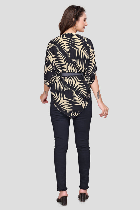 Women's Black & Beige Printed Kaftan Style Top