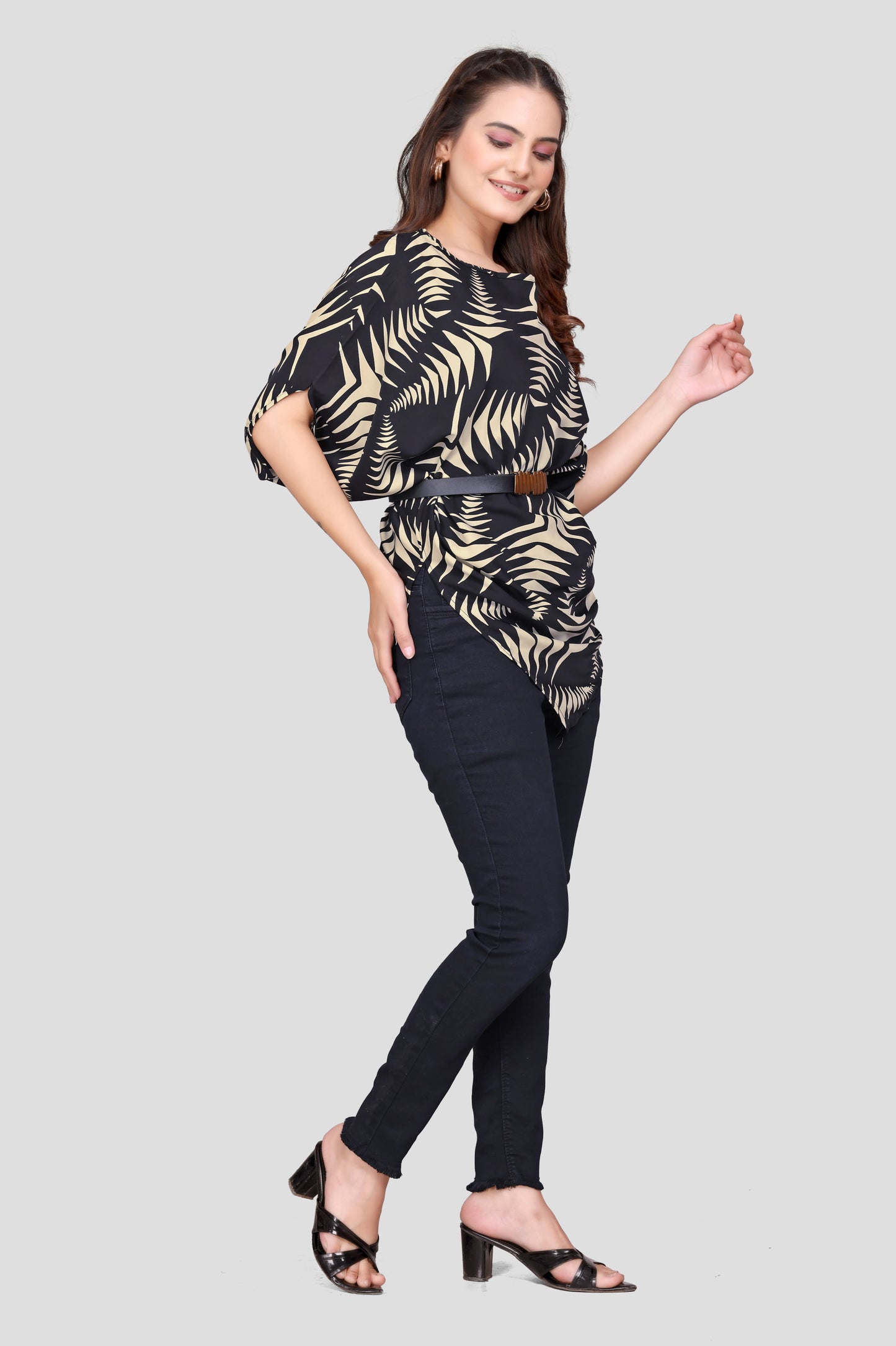 Women's Black & Beige Printed Kaftan Style Top
