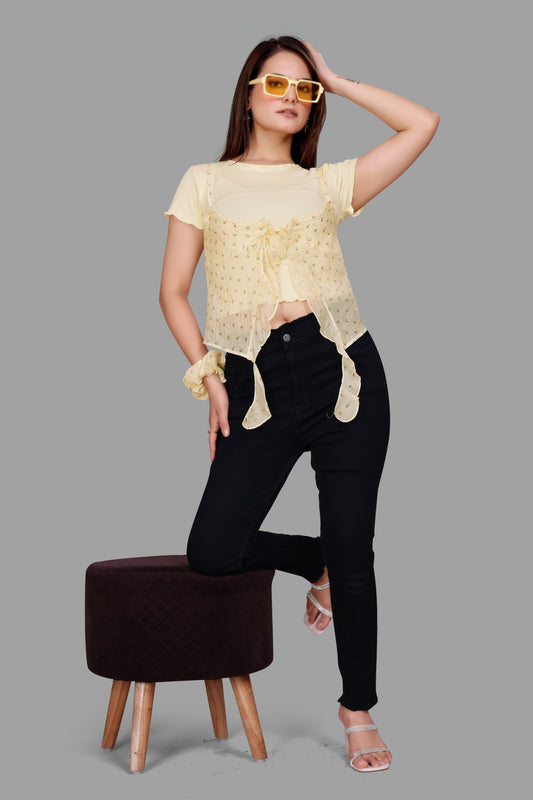 Women's Floral Overlay Tie-Front Top