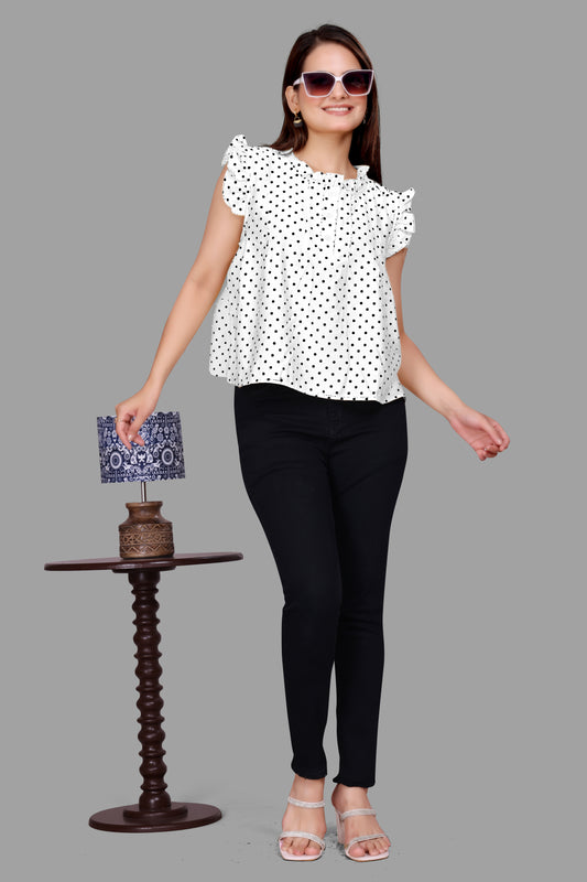 Women's Polka Dot Ruffle Neck Top