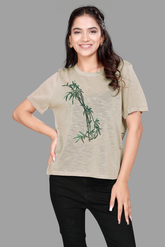 Women's Jute Textured T-Shirt with Bamboo Print Design