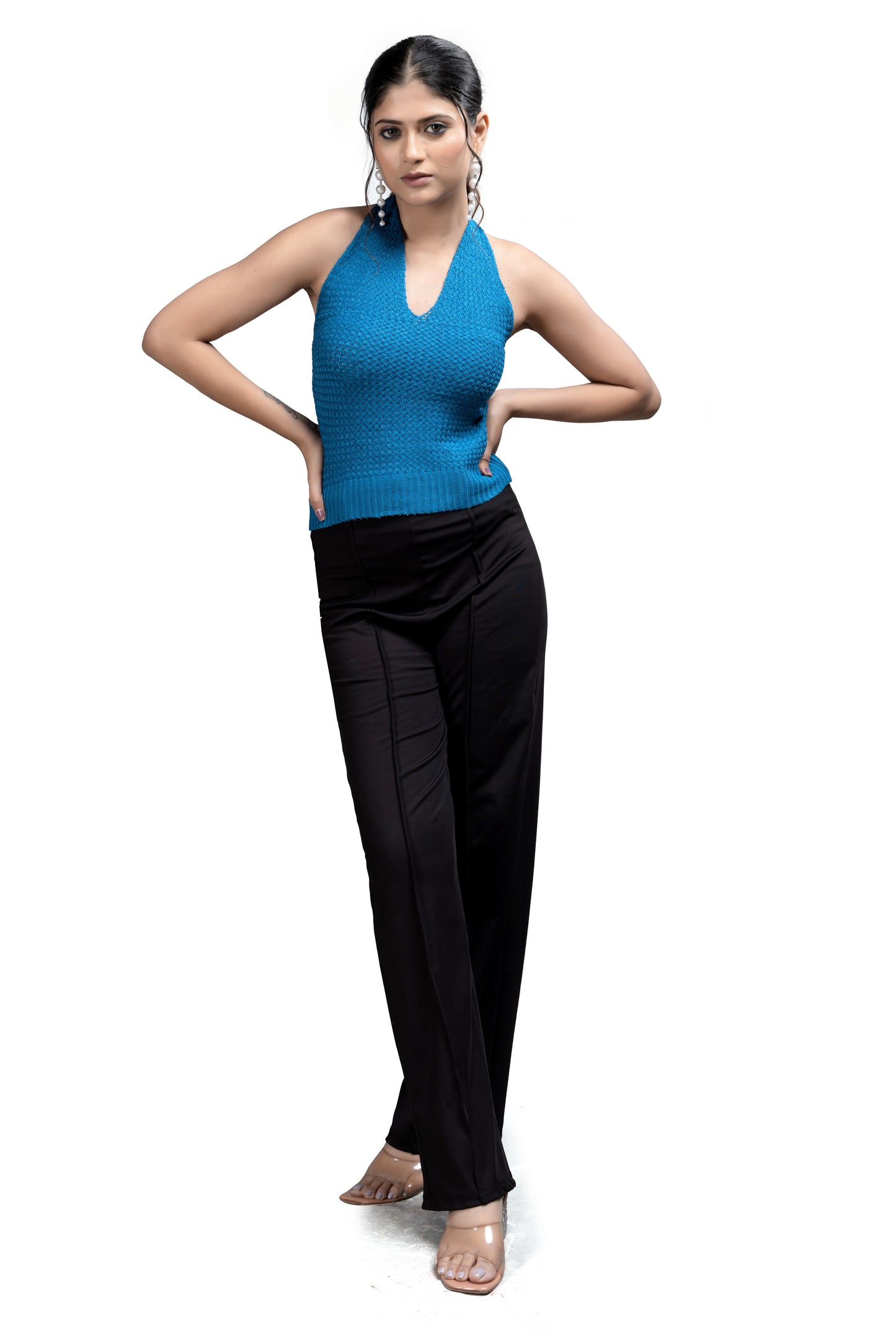 Women's Halter Neck Ribbed Knit Top in Teal Blue