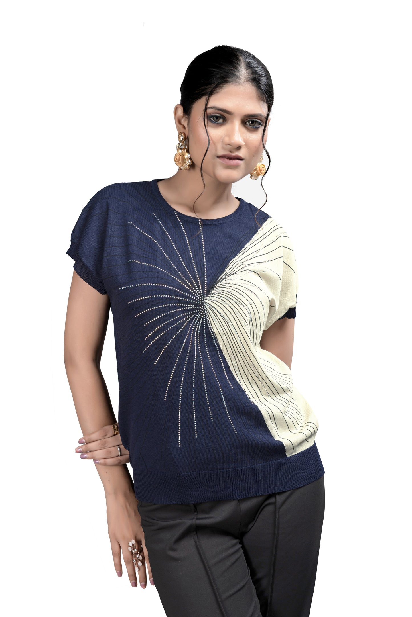 Women's Stylish Two-Tone Knit Soft Jute with Embroidered Starburst Design