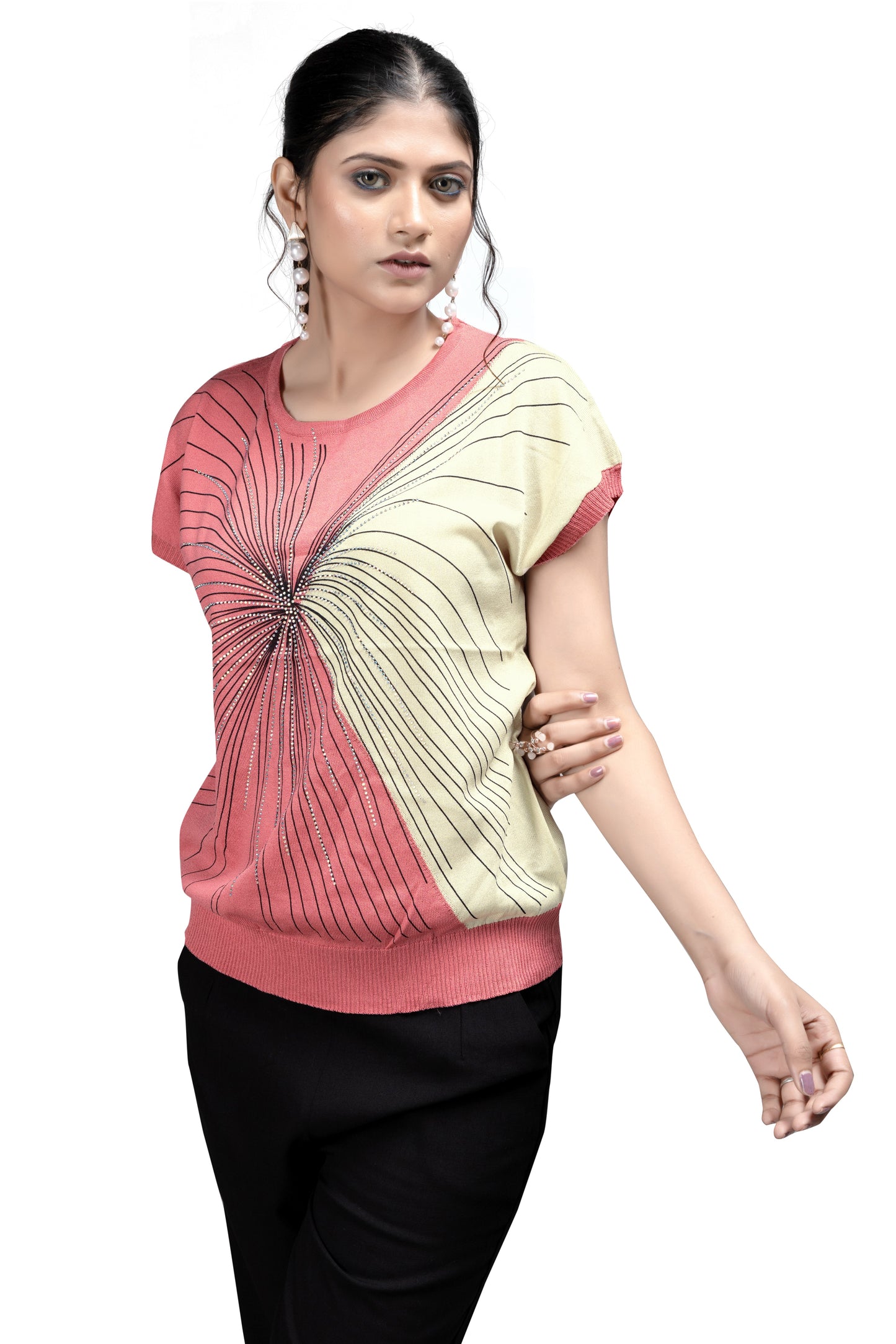 Women's Stylish Two-Tone Knit Soft Jute with Embroidered Starburst Design