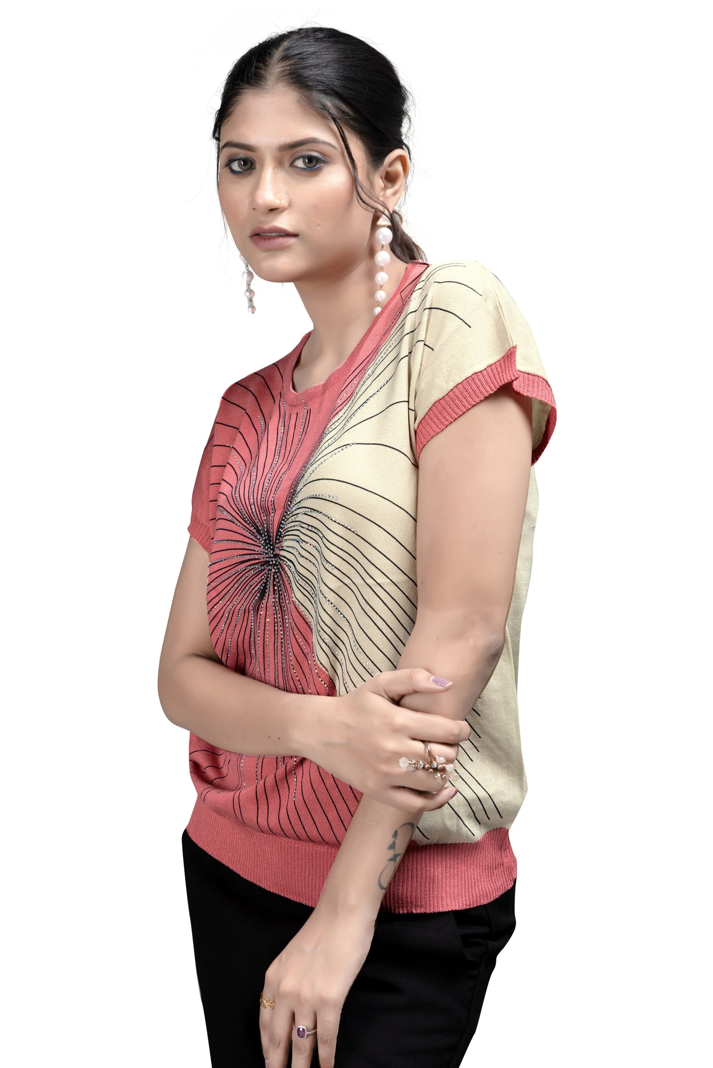 Women's Stylish Two-Tone Knit Soft Jute with Embroidered Starburst Design