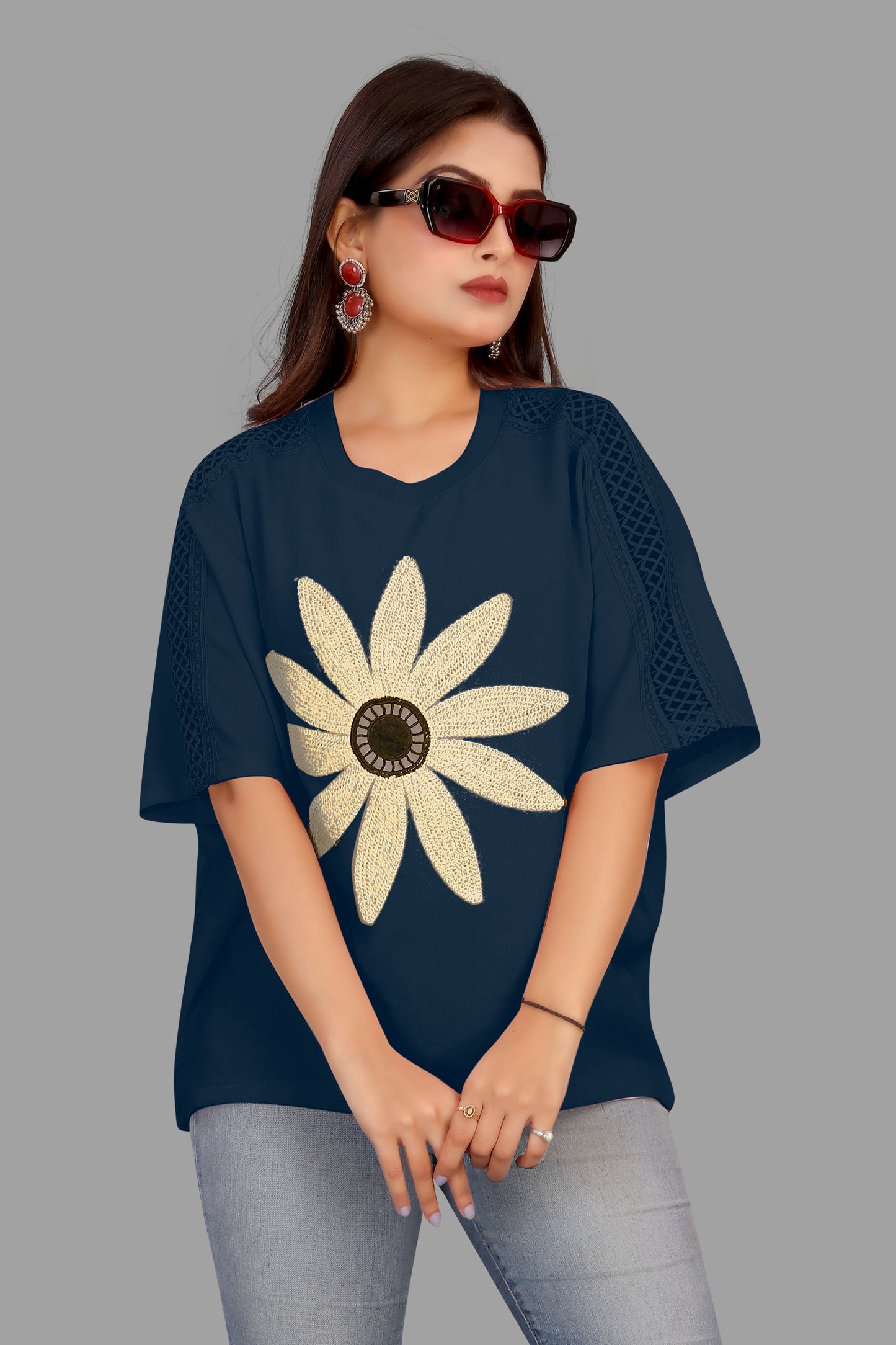 Women's Floral Appliqué Top - Mesh Sleeve Casual Top
