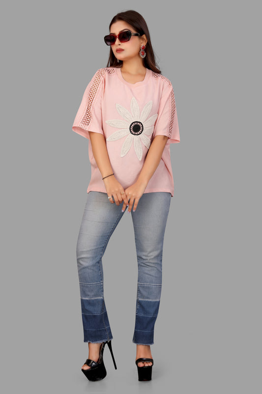 Women's Floral Appliqué Top - Mesh Sleeve Casual Top