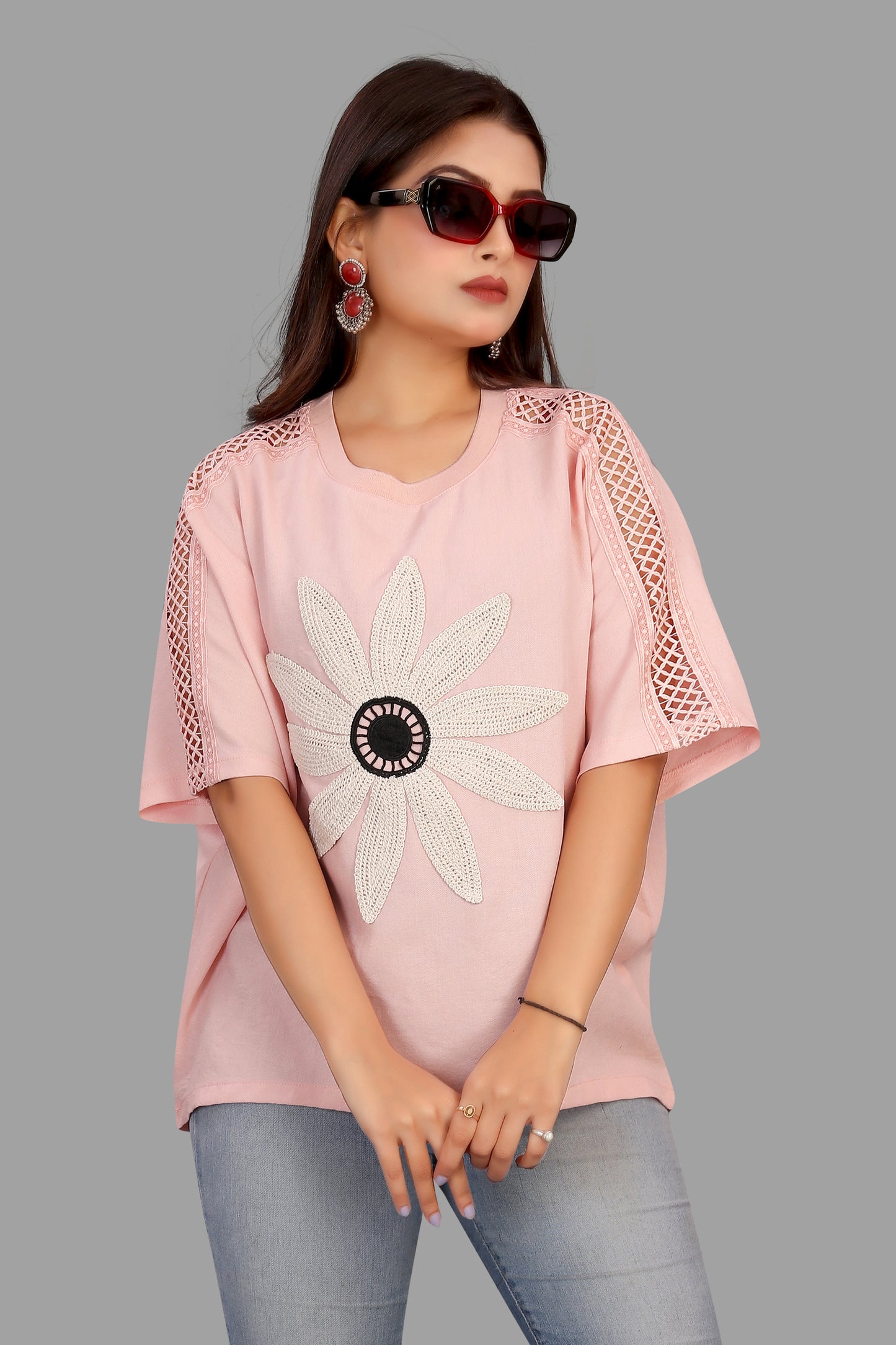 Women's Floral Appliqué Top - Mesh Sleeve Casual Top