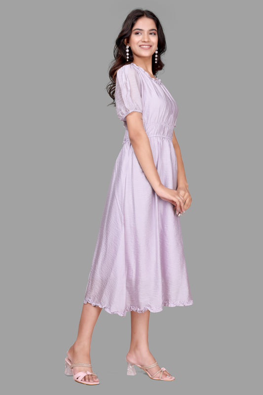 Women's Textured Midi Dress - Puff Sleeve Flared dress