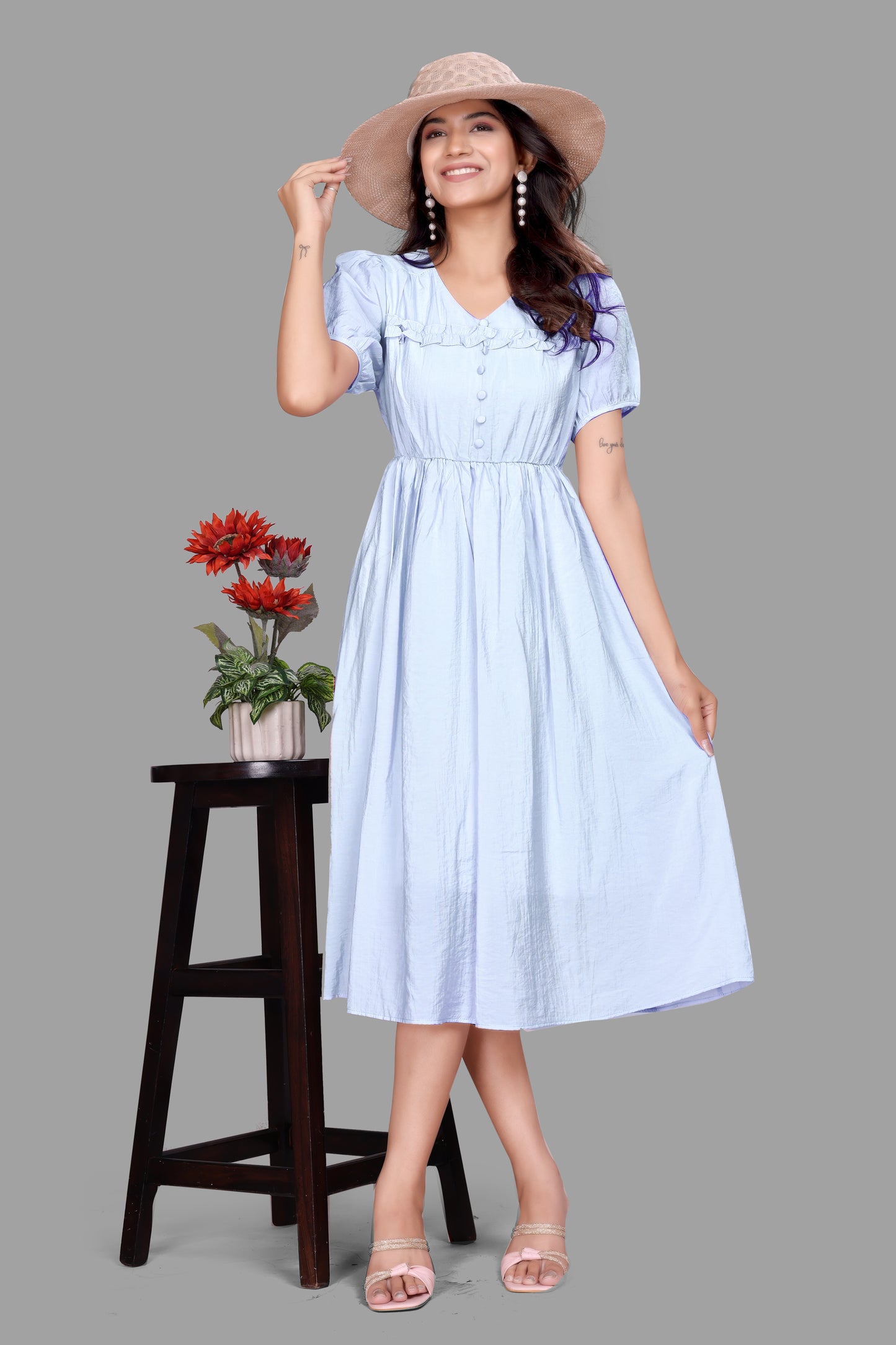 Women's Puff Sleeve Flared Frock