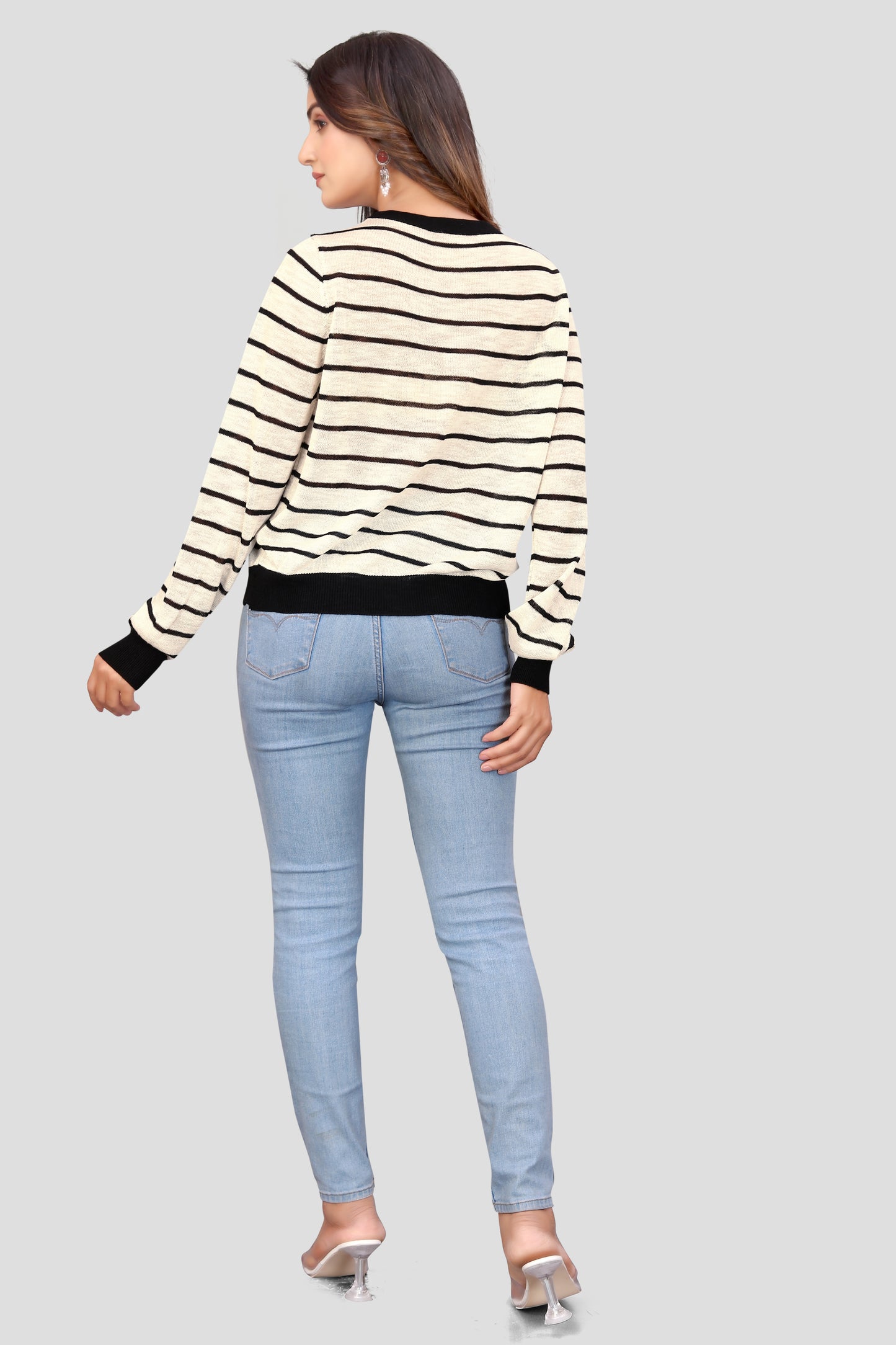 Women's Black & White Striped V-Neck Button-Up Knit Cardigan