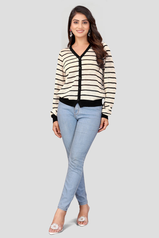Women's Black & White Striped V-Neck Button-Up Knit Cardigan