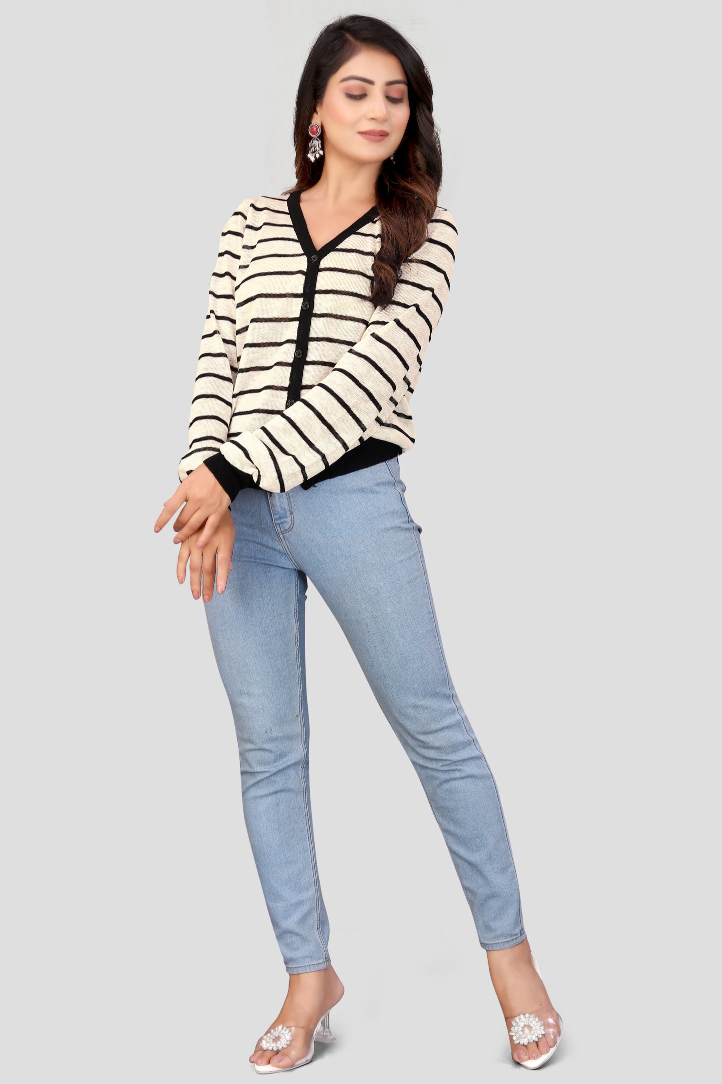 Women's Black & White Striped V-Neck Button-Up Knit Cardigan