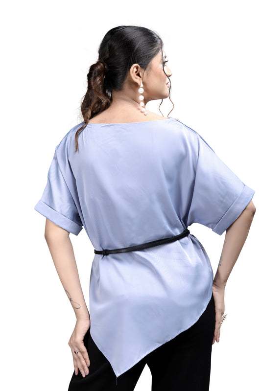 Satin Asymmetrical Drape Top with Belt