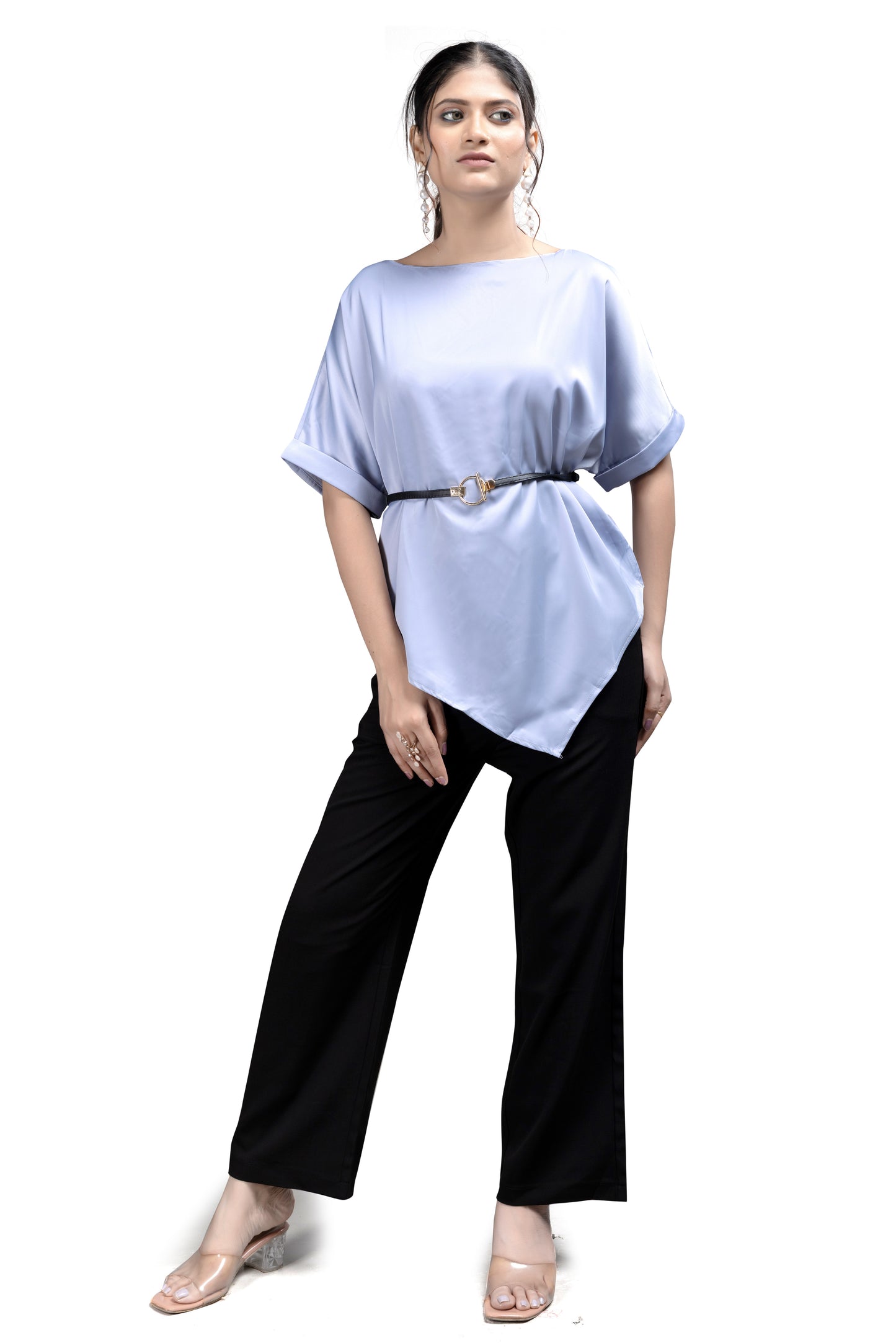 Satin Asymmetrical Drape Top with Belt