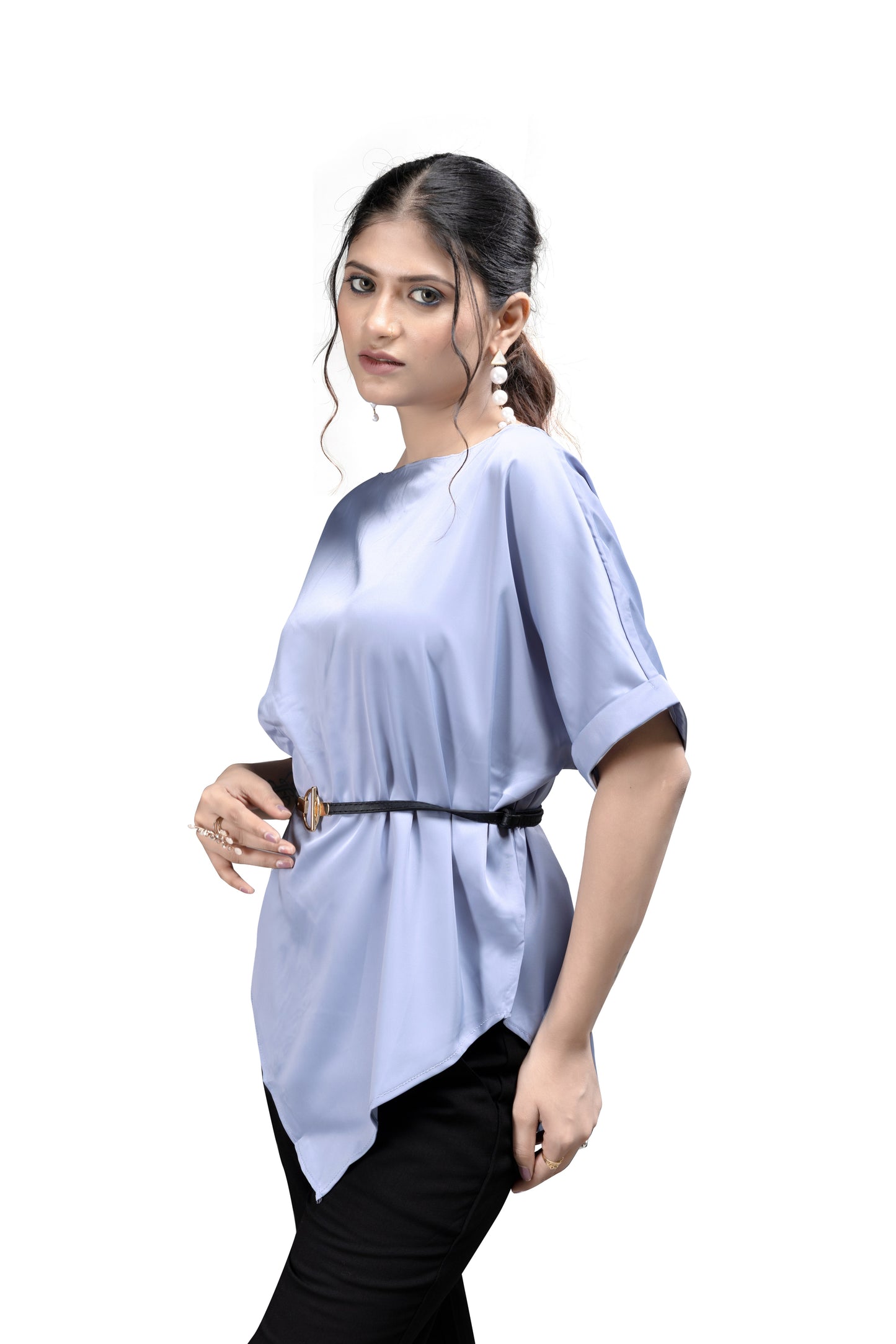 Satin Asymmetrical Drape Top with Belt