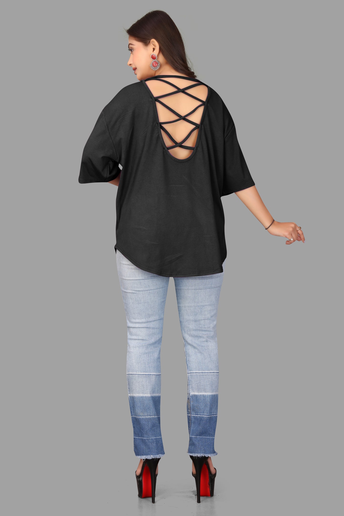 Women's Casual Batwing Top with Criss-Cross Back Detail