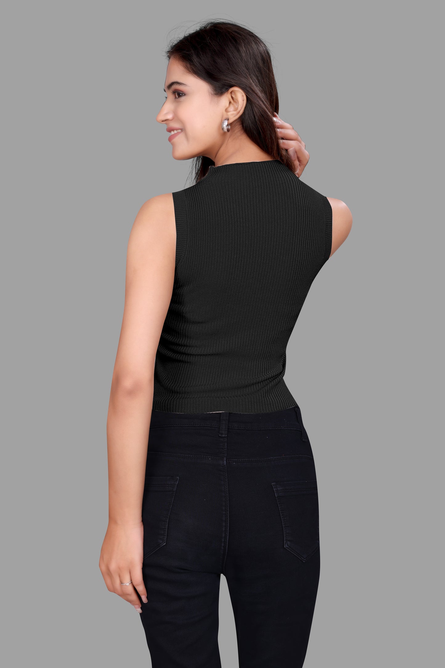 Women's Ribbed Sleeveless Top with Front Cut-Out and Gold Ring Detail