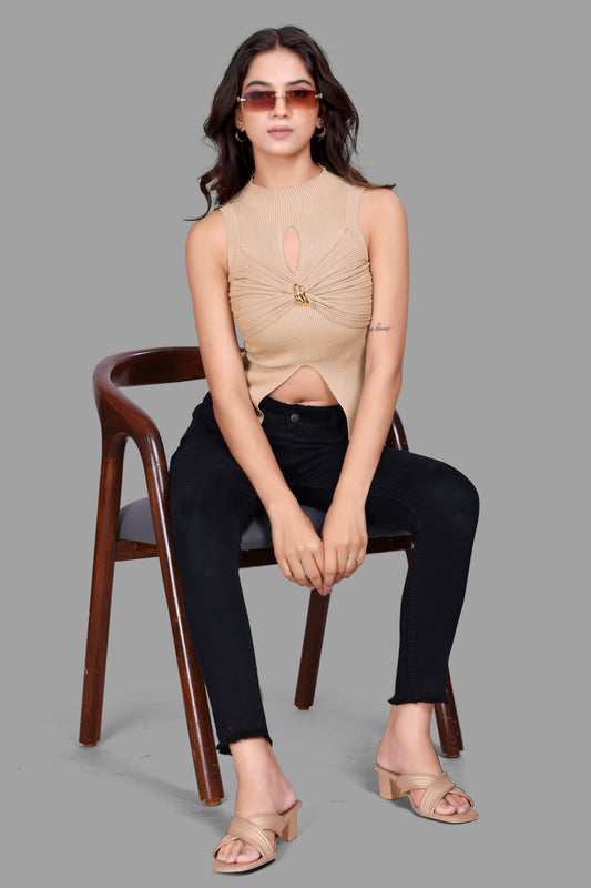 Women's Ribbed Sleeveless Top with Front Cut-Out and Gold Ring Detail