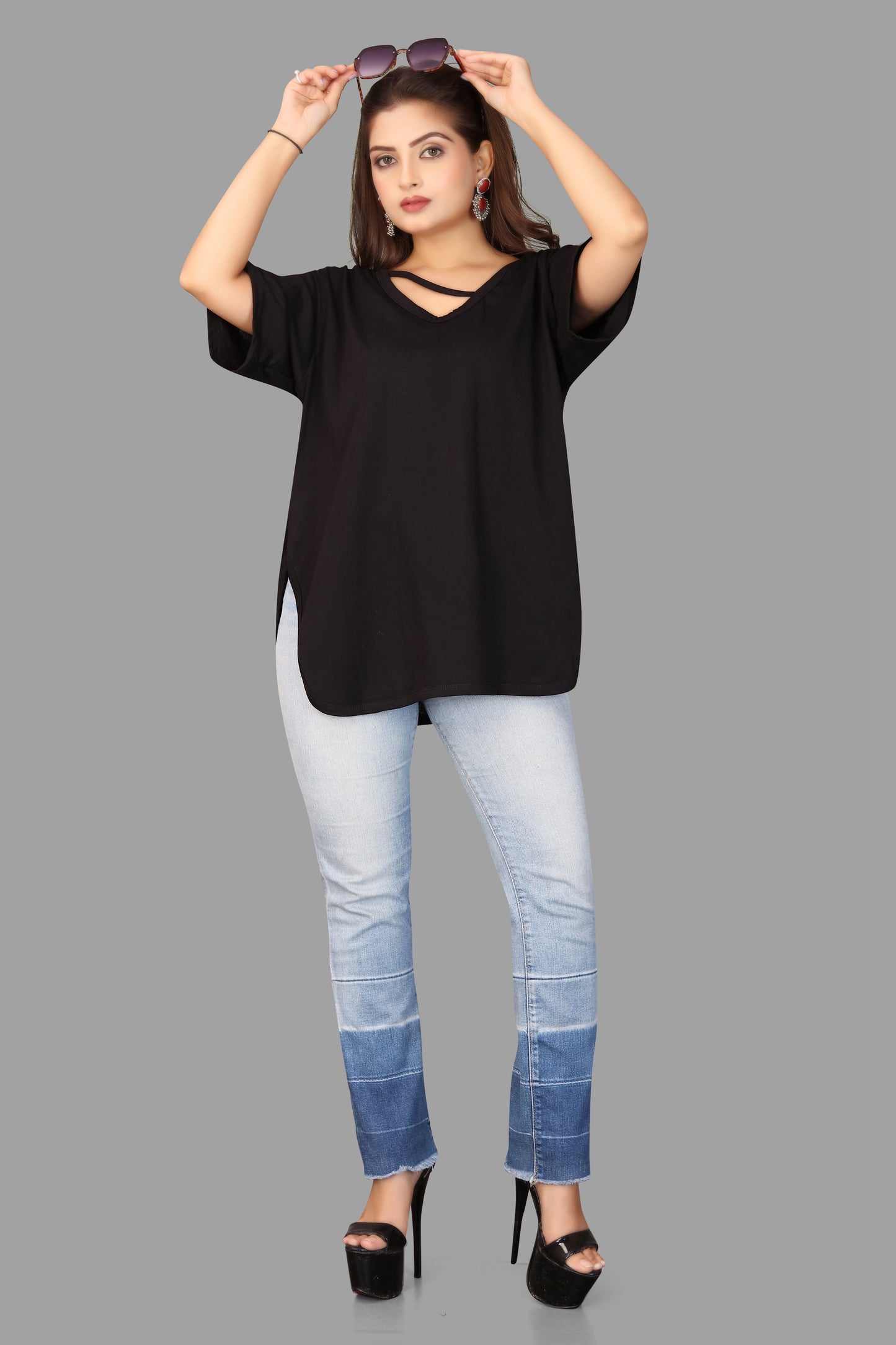 Women's V-Neck Casual T-Shirt with Cut-Out Detail - Oversized Dolman Top