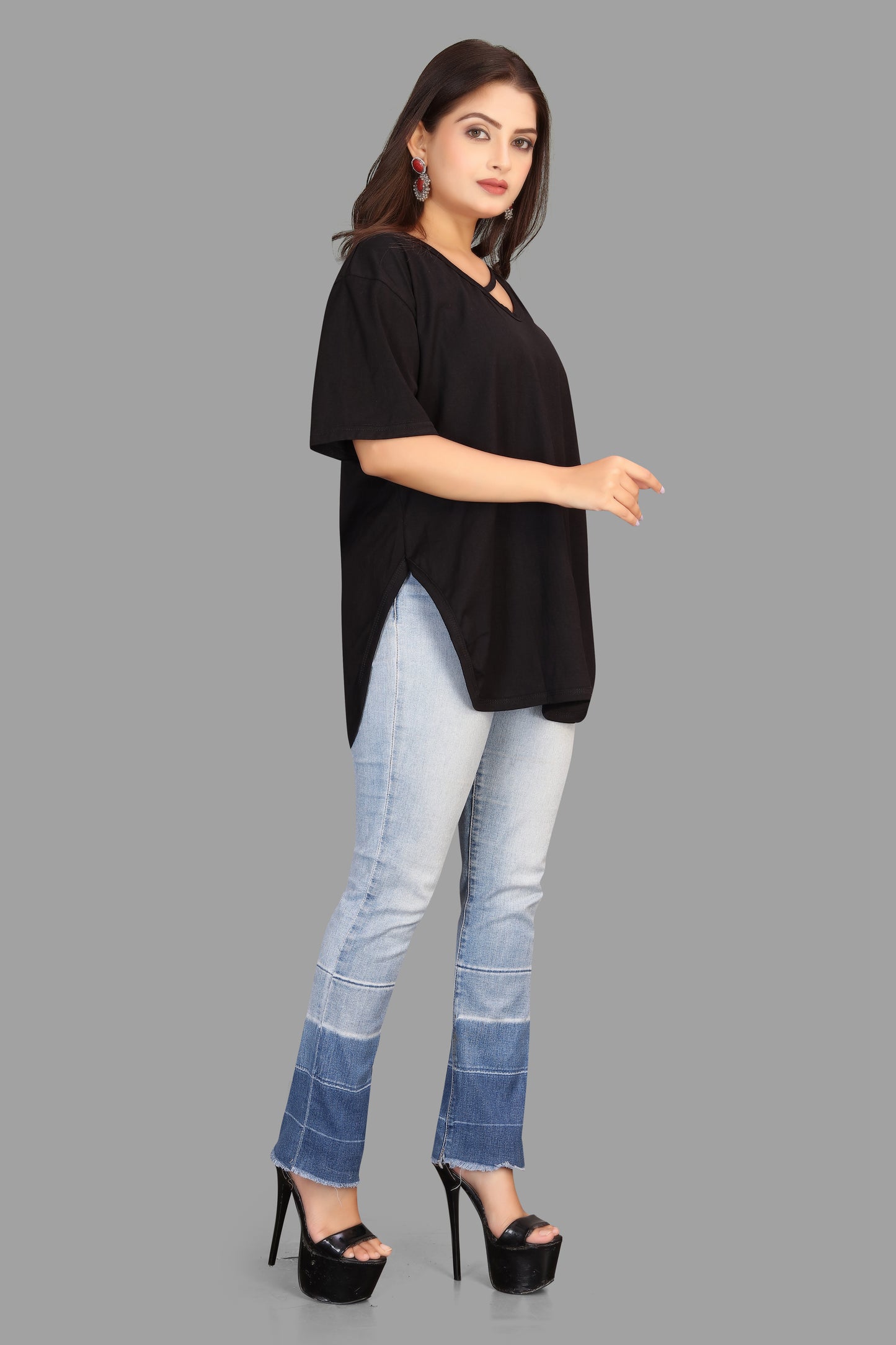 Women's V-Neck Casual T-Shirt with Cut-Out Detail - Oversized Dolman Top