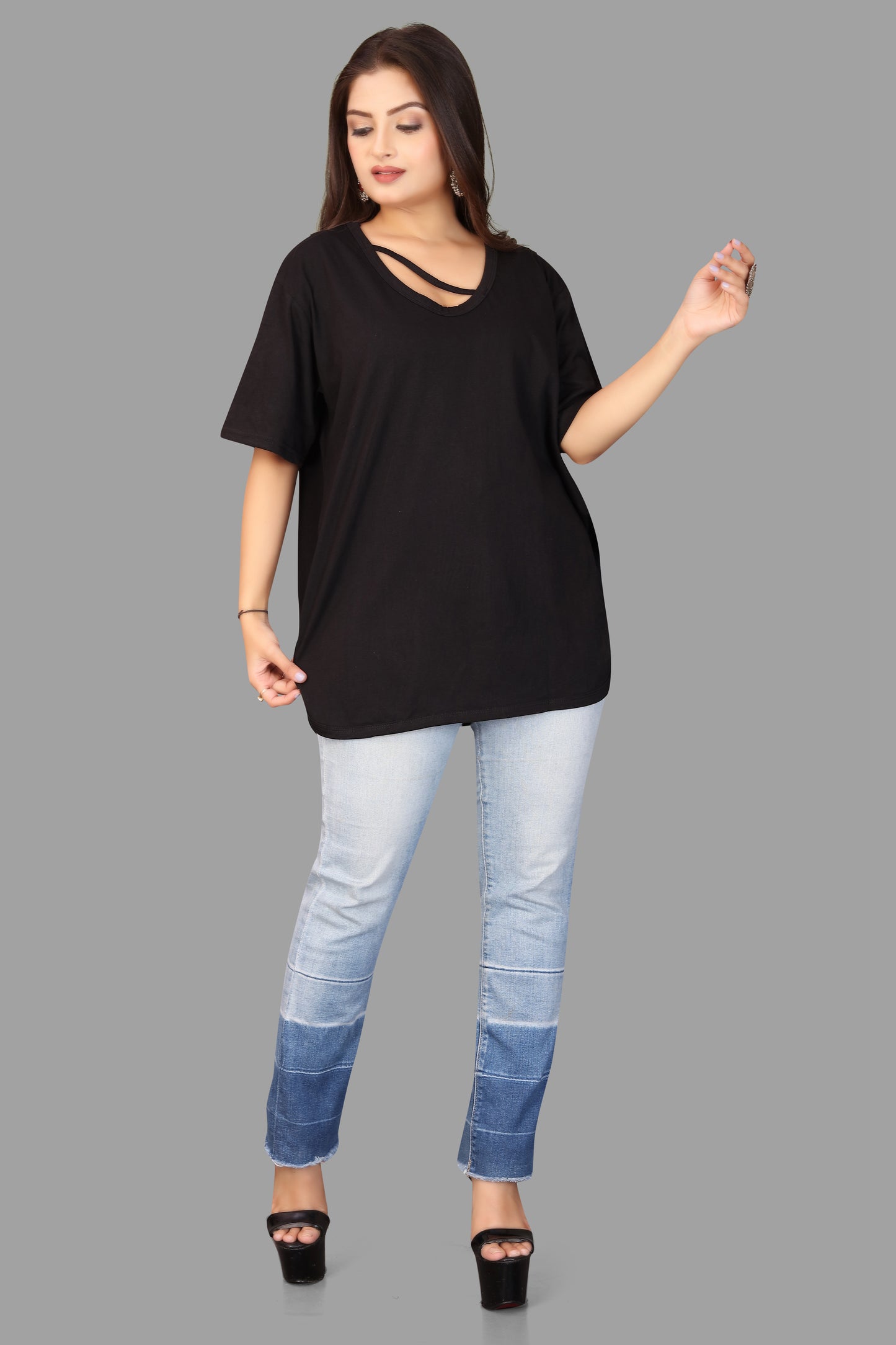 Women's V-Neck Casual T-Shirt with Cut-Out Detail - Oversized Dolman Top