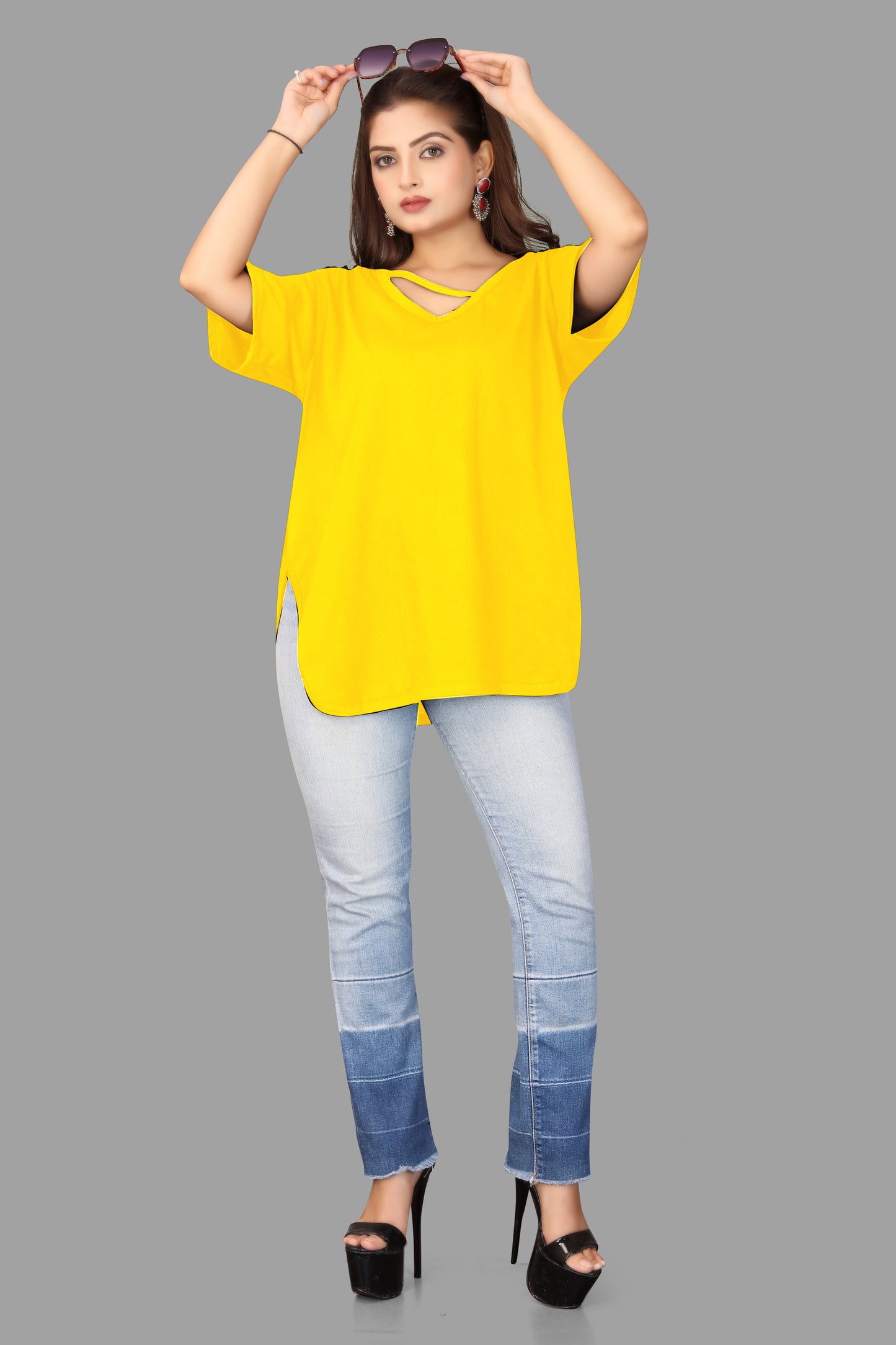 Women's V-Neck Casual T-Shirt with Cut-Out Detail - Oversized Dolman Top