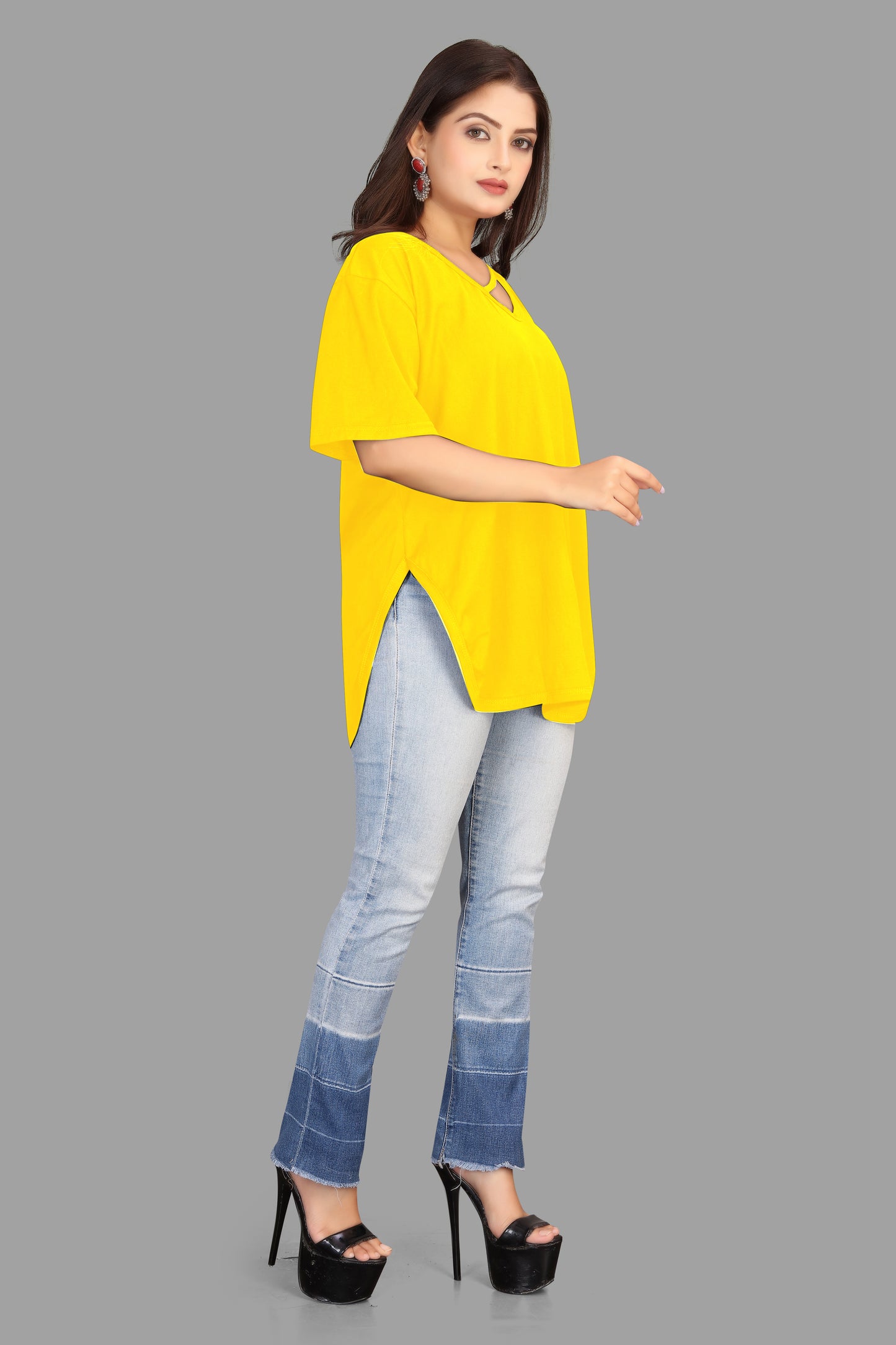 Women's V-Neck Casual T-Shirt with Cut-Out Detail - Oversized Dolman Top