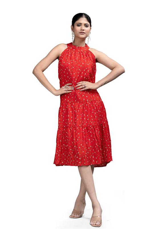 Red Halter Neck Tiered Mini Dress with Gold Floral Print