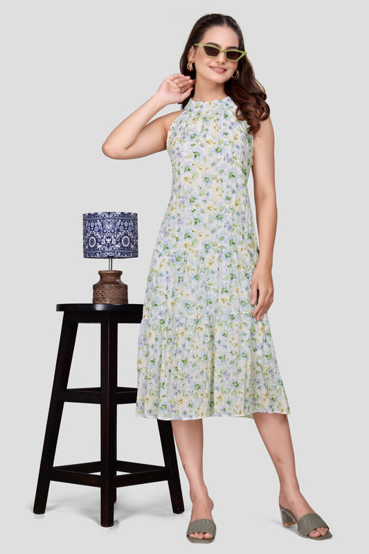 Women's Floral Print Pleated Halter Neck Midi Dress