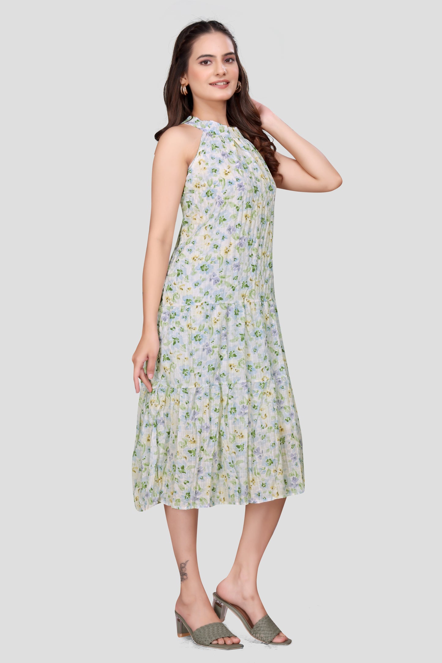 Women's Floral Print Pleated Halter Neck Midi Dress
