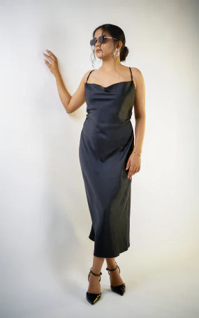 Black Satin Cowl Neck Dress