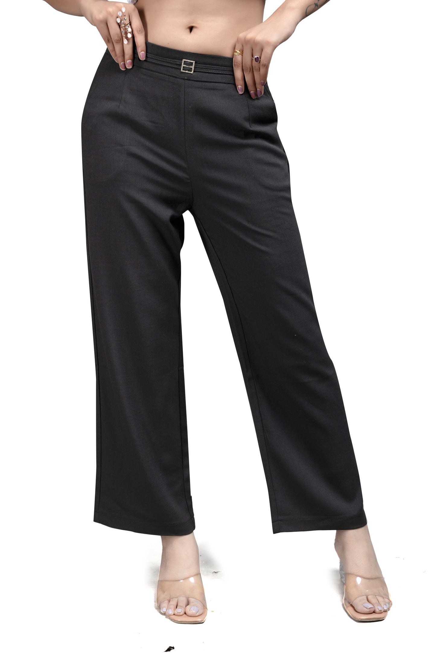 High-Waist Wide-Leg Trousers with Buckle Detail