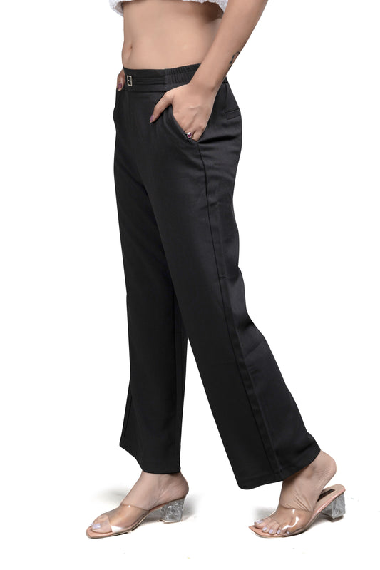 High-Waist Wide-Leg Trousers with Buckle Detail