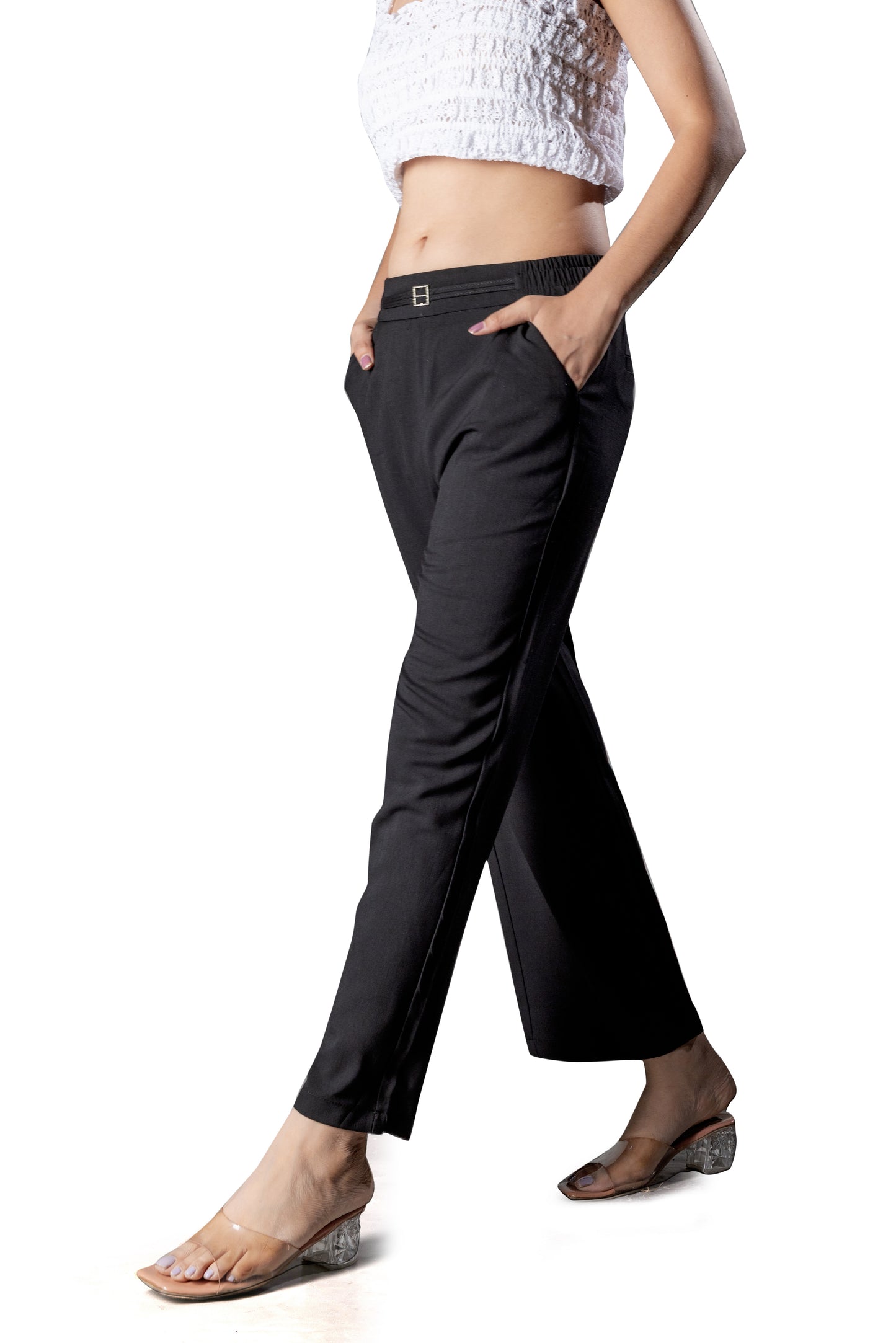 High-Waist Wide-Leg Trousers with Buckle Detail