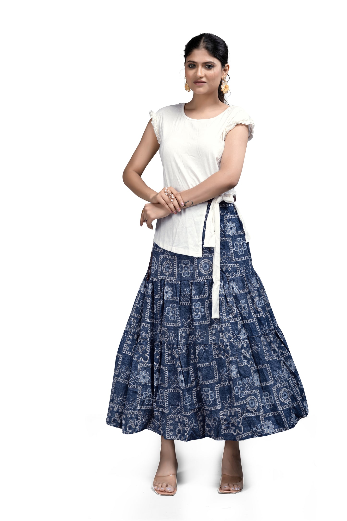 Printed Blue Skirt and White Top Co-ord Set