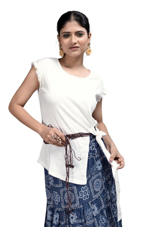 Printed Blue Skirt and White Top Co-ord Set