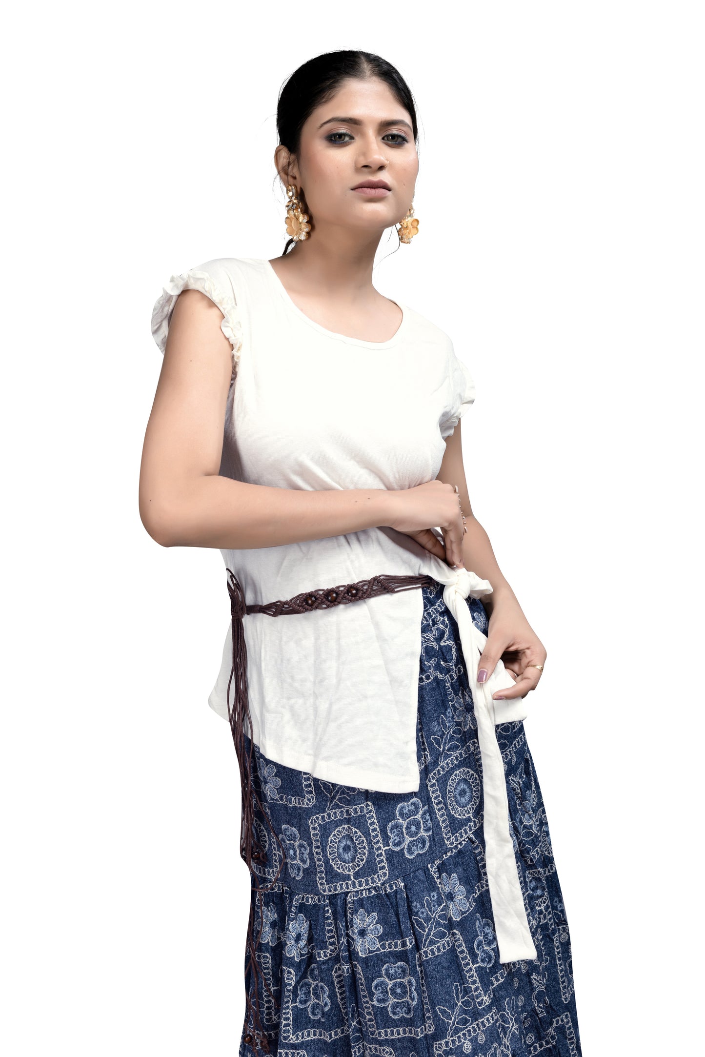 Printed Blue Skirt and White Top Co-ord Set
