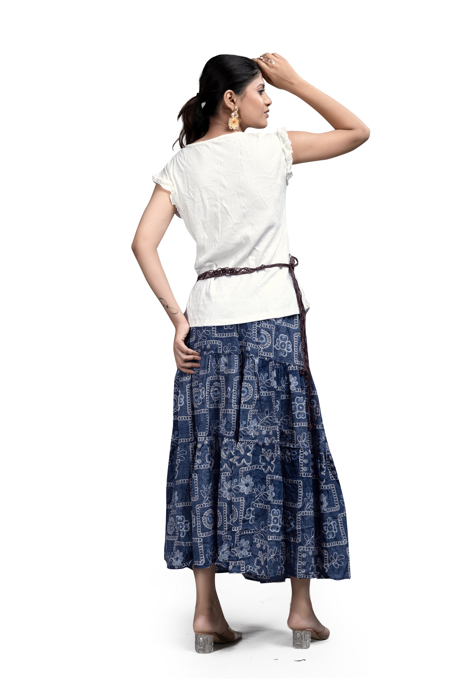 Printed Blue Skirt and White Top Co-ord Set