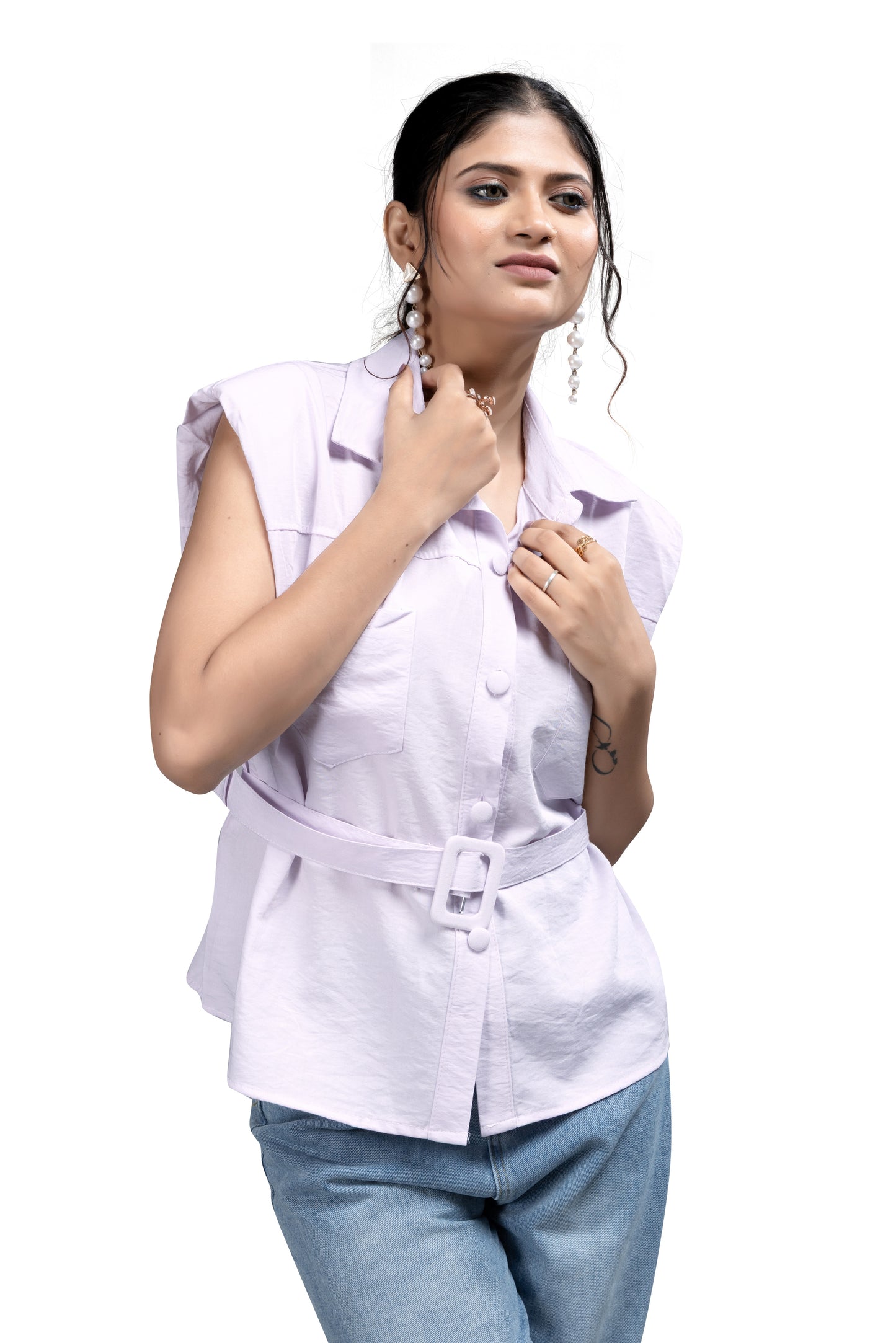 Stylish Lavender Button-Down Top with Belt