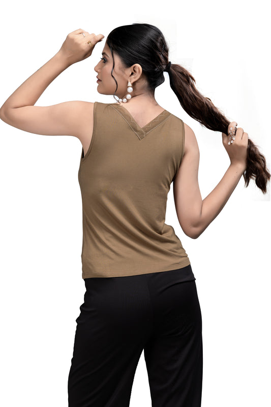 Versatile Brown Sleeveless Top with V-Neck