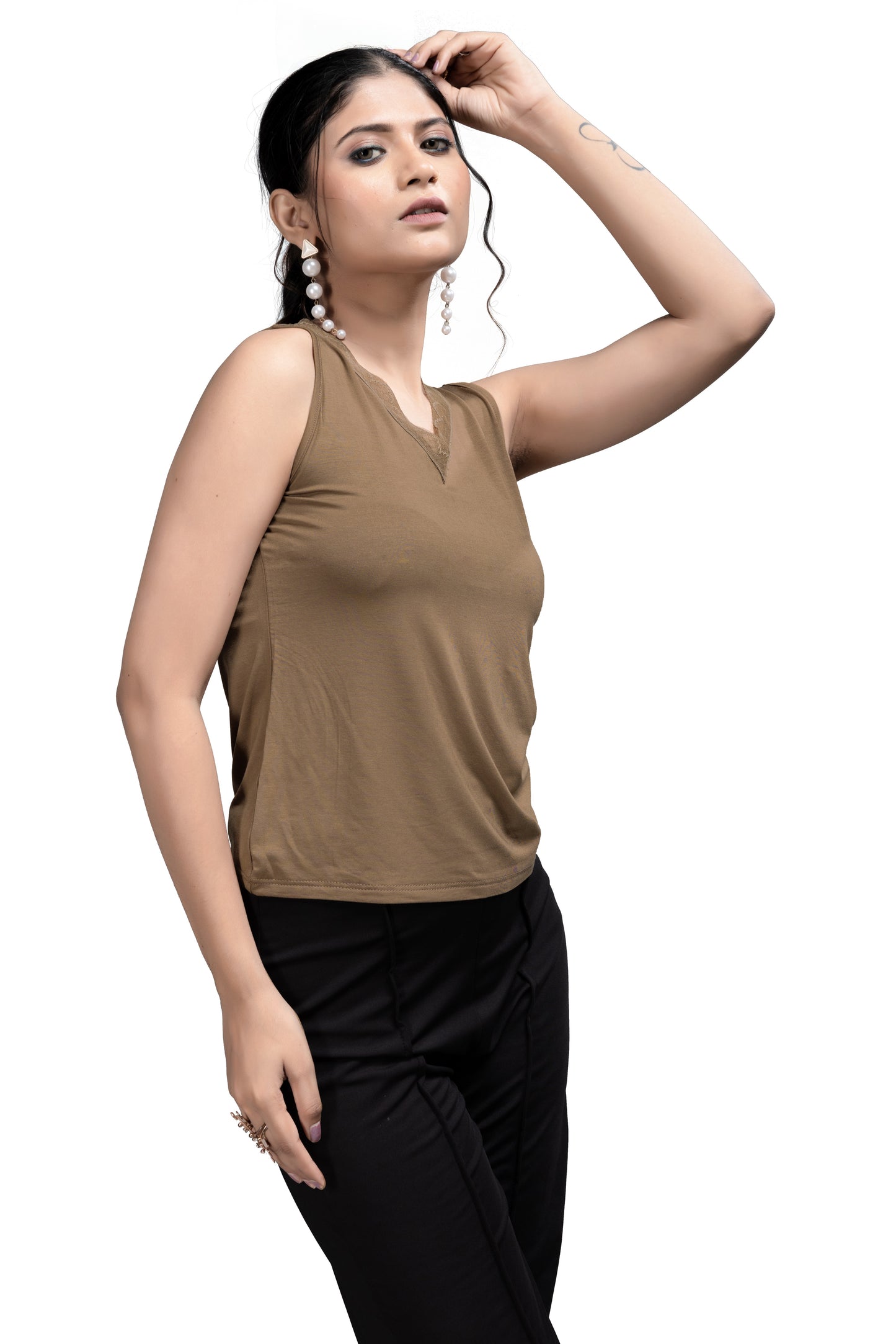 Versatile Brown Sleeveless Top with V-Neck